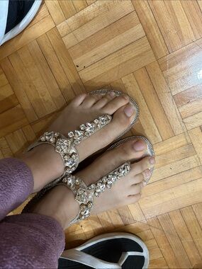 Embellished T-Strap Women's Sandals in Champagne